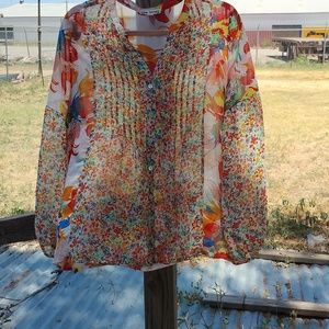 Hope Springs tuxedo front, long sleeve blouse large sheer fabric